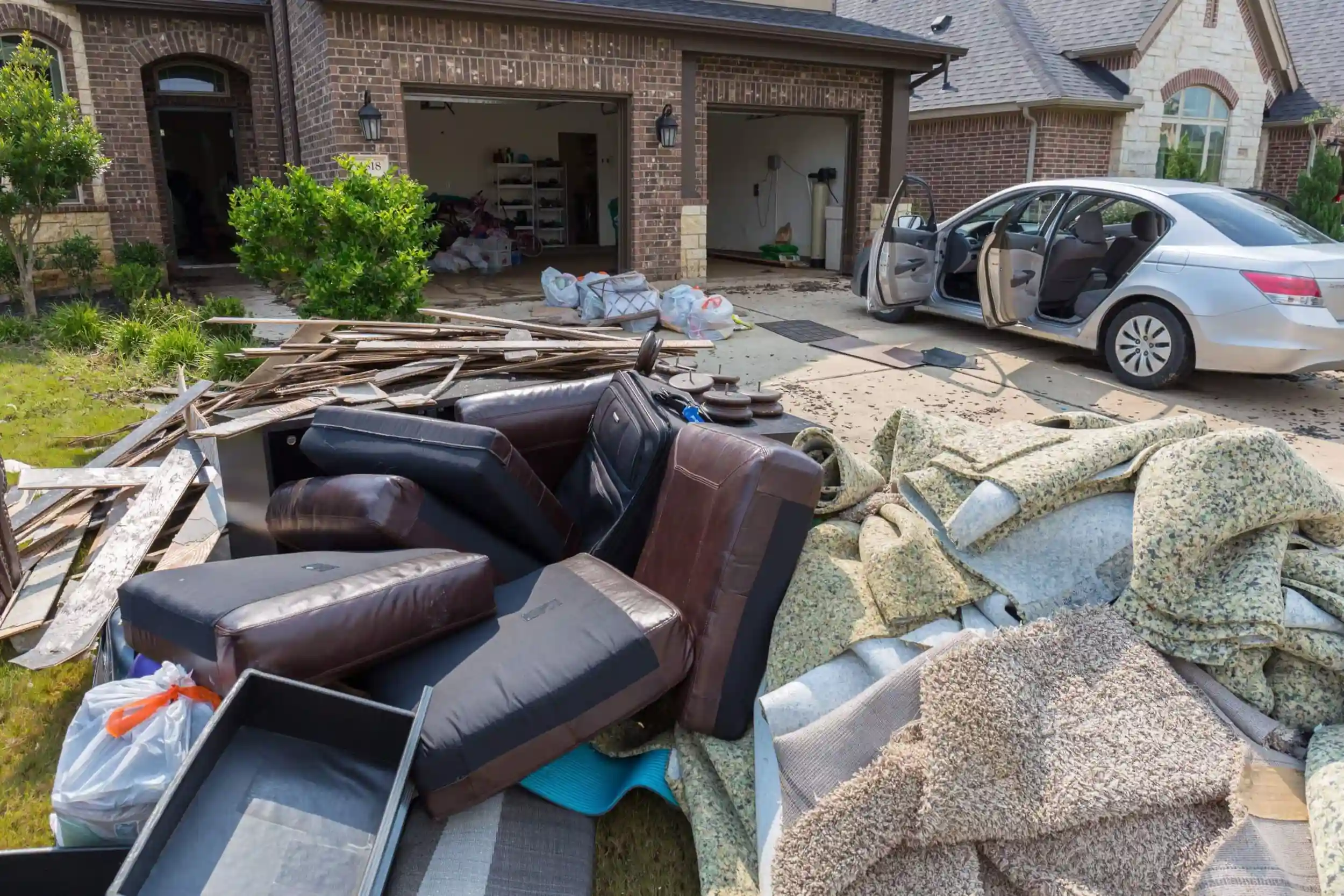 Flood damaged furniture sitting outside of a house on the curb.