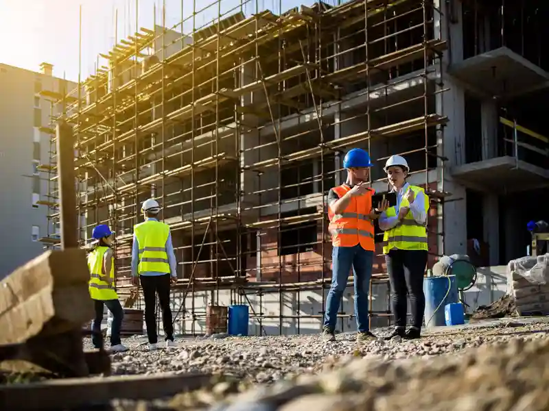 Construction site workers have a discussion next to a large building project.