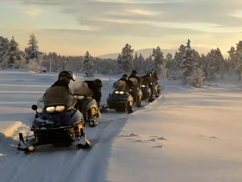 A group of people on snowmobiles riding in the snow with trees in the background.