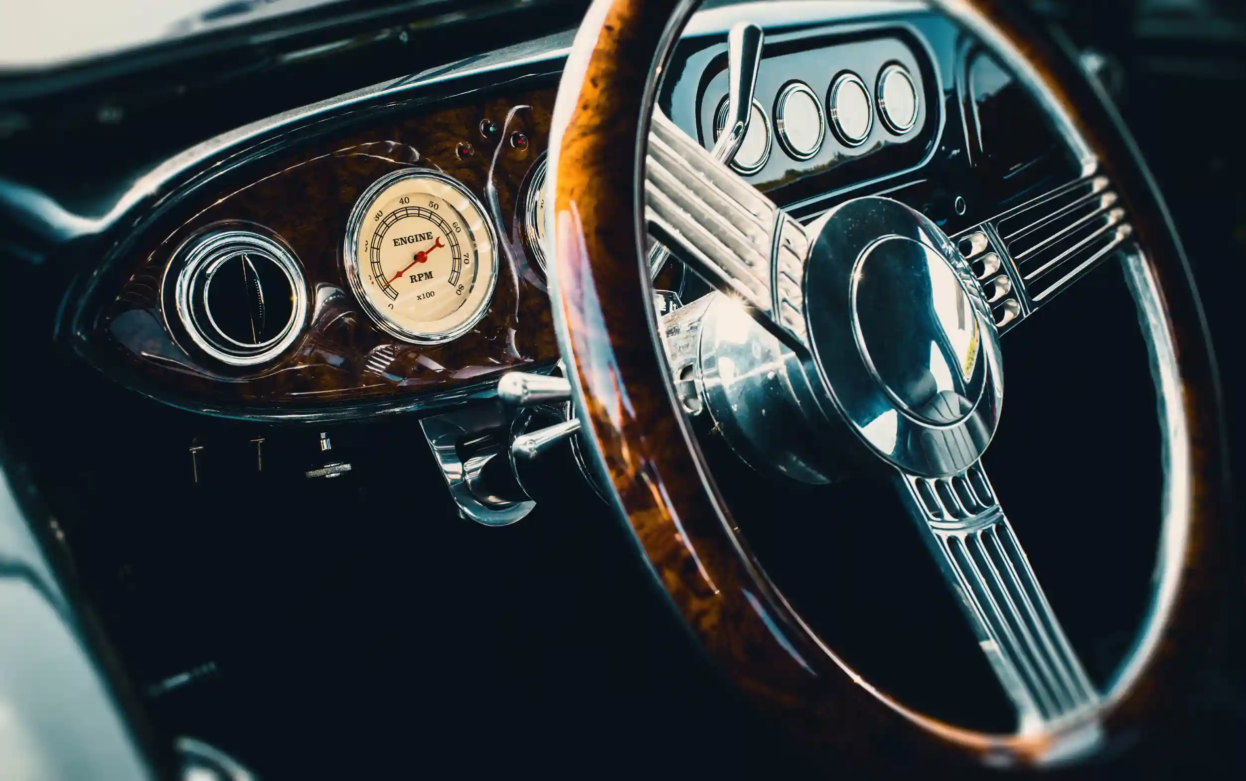 Steering wheel of a classic car.